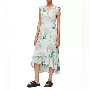 ALLSAINTS Dela Ngaru Bird Print Wrap Dress in green size 4